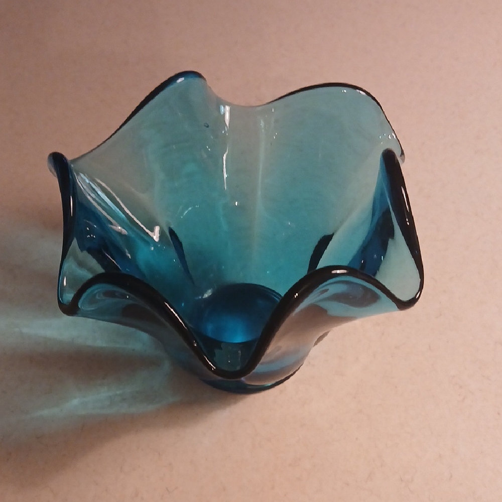 Translucent Blue Glass Art Bowl with Organic Form and Wavy Edges